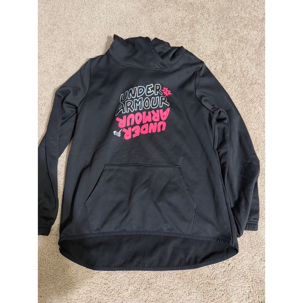 Under Armour Girls Hoodie Black Pink Graphic Logo Fleece Pullover‎ YXL Kids